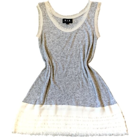 213 Michelle Kim Tank Top L Gray Rib Knit and Fringe Lace 30C - Picture 2 of 7